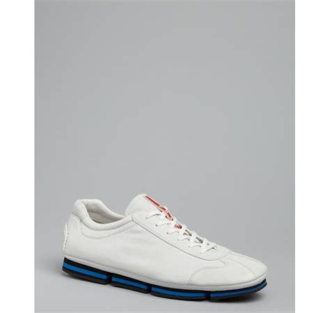 prada special white shoes blue stripes|authentic prada shoes.